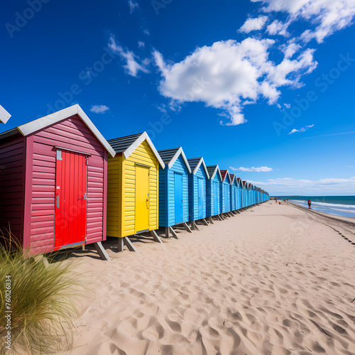 A row of colorful beach huts against a blue sky. 