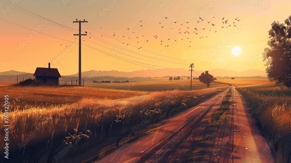 Tranquil roads bathed in the golden light of sunrise, cutting through vast expanses of open countryside, the stillness broken only by the occasional bird's song, evoking a feeling of solitude and intr