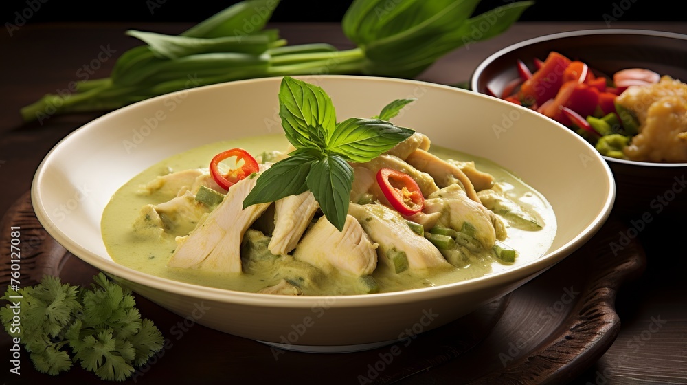 A sumptuous bowl of Thai Green Chicken Curry, garnished with red chilies and basil leaves, visually appetizing with vibrant colors