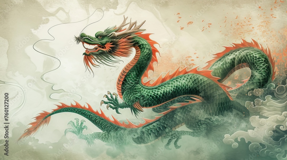 Obraz premium Majestic green and orange Chinese dragon winding through clouds, represented in a traditional Asian art style