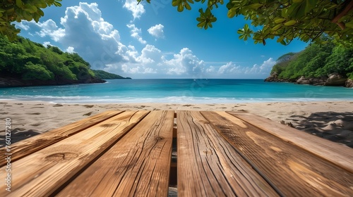 Wooden Surface Framed by Sea, Island, and Sky