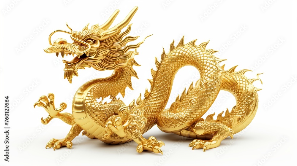 Imposing golden dragon sculpture positioned in a powerful stance, showcasing the iconic mythical beast in all its glory Imposing golden dragon sculpture positioned in a powerful stance, showcasing the iconic mythical beast in all its glory