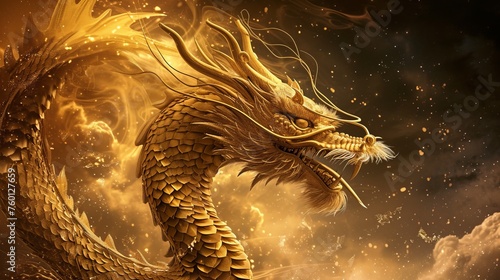 An immersive artistic portrayal of a golden dragon surrounded by flames, epitomizing power and fantasy