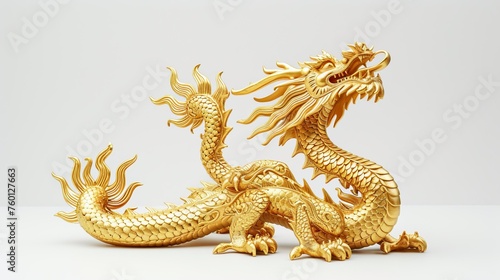 An intricate golden dragon statue with fine details and textures stands against a clean white background, embodying power and elegance