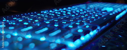 Futuristic computer PC keyboard with blue lights on the work desk