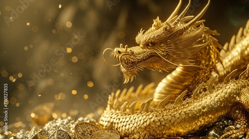 Intricate close-up of a golden dragon showcasing every scale as it rests on a bed of wealth, symbolizing guardianship photo