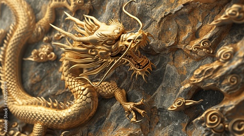 Close-up view of a regal golden dragon statue with fine craftsmanship perched on a rugged cliff