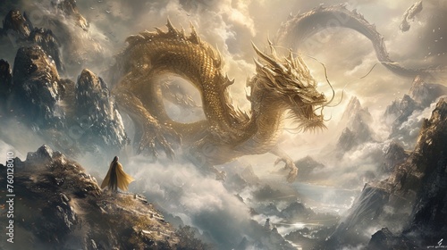 Epic scene with a towering dragon overlooking a person, mountains, and mist  vastness and adventure await © Drew