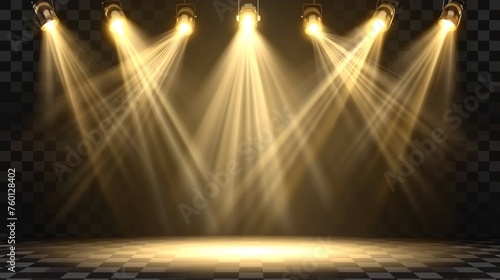 This detailed image showcases bright stage spotlights shining transparent beams on a black backdrop