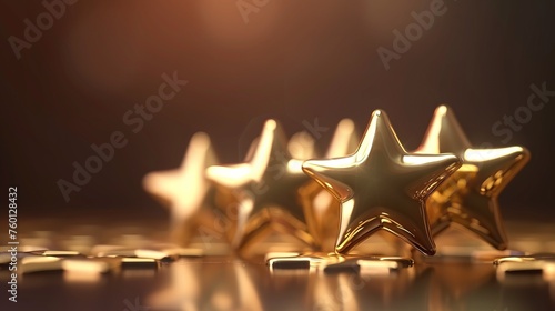 Aesthetic arrangement of reflective golden stars against a blurred backdrop bringing a feeling of nostalgia and warmth photo
