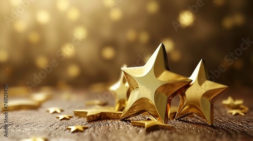 Three-dimensional golden stars cast on a textured wooden surface with a dreamy bokeh background enhancing the celebrational mood photo