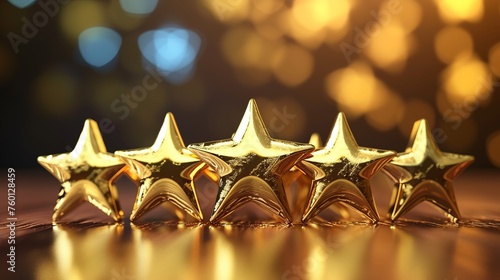 A harmonious row of golden stars aligned perfectly against a sparkling bokeh background symbolizing excellence and success photo