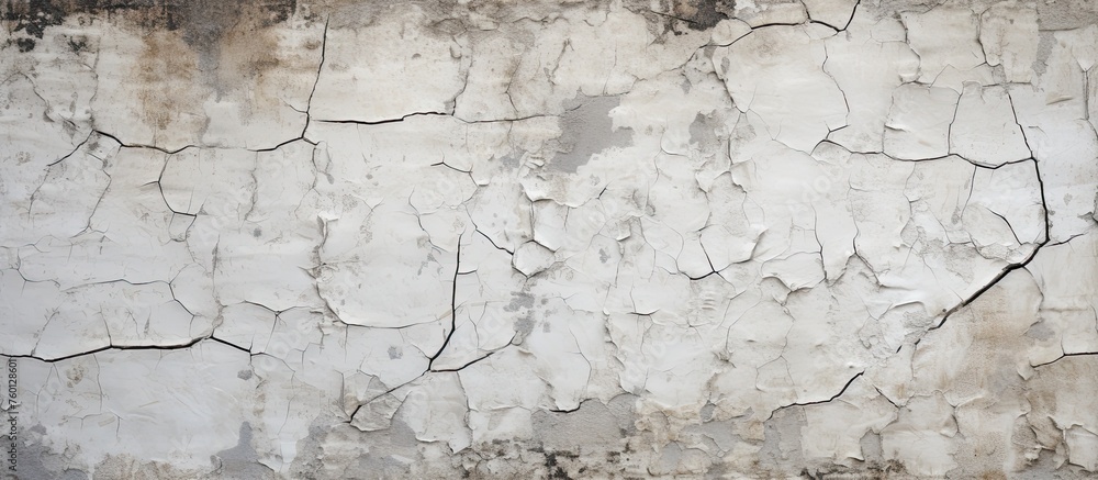 A detailed shot of a cracked white wall resembling the pattern of tree bark, with a bedrocklike texture. The grey color gives a freezing feel