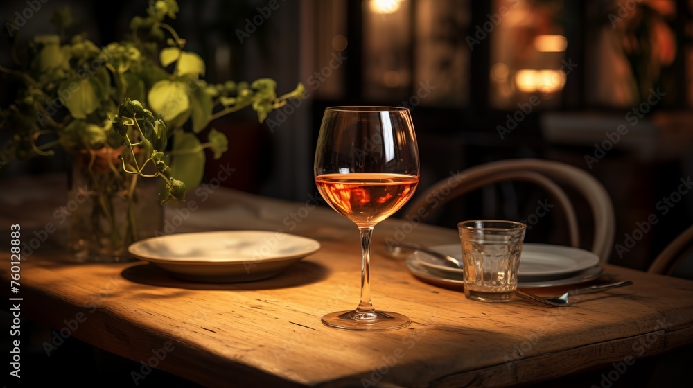 Intimate scene with a glass of drink on a rustic wooden table in a restaurant with soft lighting