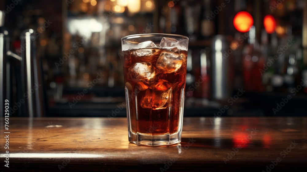 The perfectly chilled iced tea sits on a wooden bar, exuding an aura of relaxation and leisure in a modern bar setting The perfectly chilled iced tea sits on a wooden bar, exuding an aura of relaxation and leisure in a modern bar setting