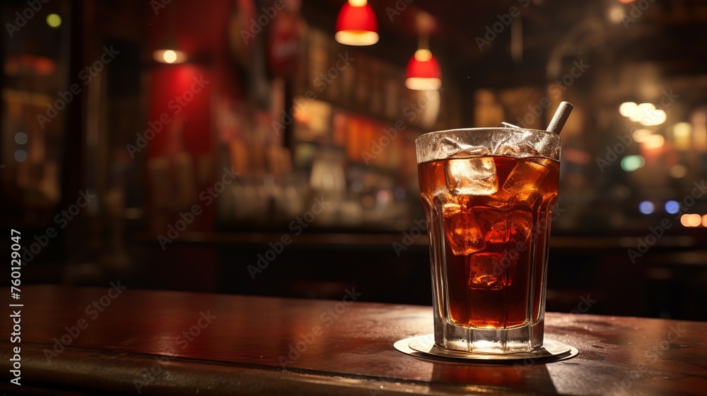 A refreshing iced beverage sits on a wooden bar counter, illuminated by ambient warm lights A refreshing iced beverage sits on a wooden bar counter, illuminated by ambient warm lights