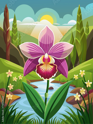 Orchid vector landscape background features vibrant and elegant orchids set against a picturesque natural backdrop.