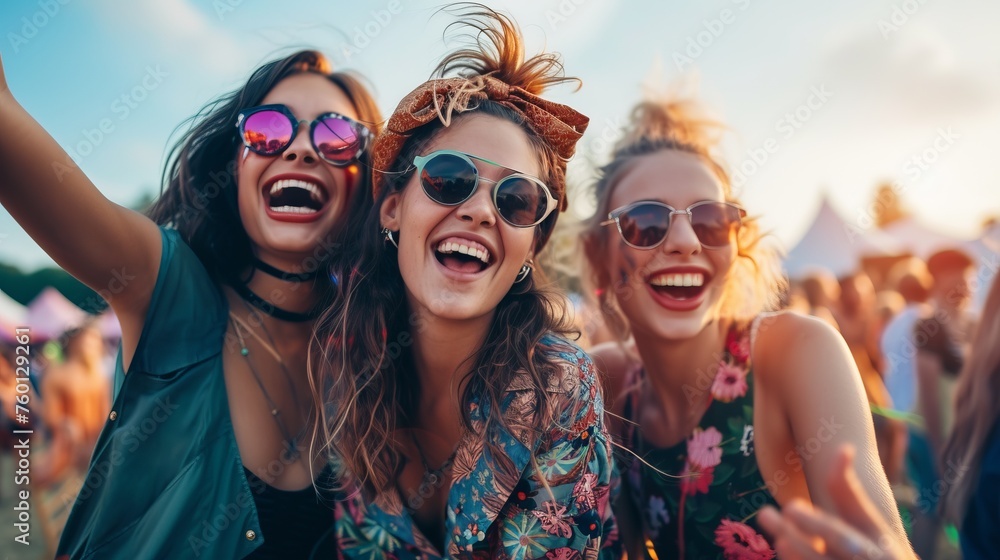 Laughing group of friends taking a selfie at a sunny summer music festival Laughing group of friends taking a selfie at a sunny summer music festival