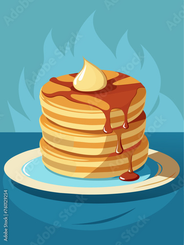 Mouthwatering pancakes soaking up in water drops on a blue background.