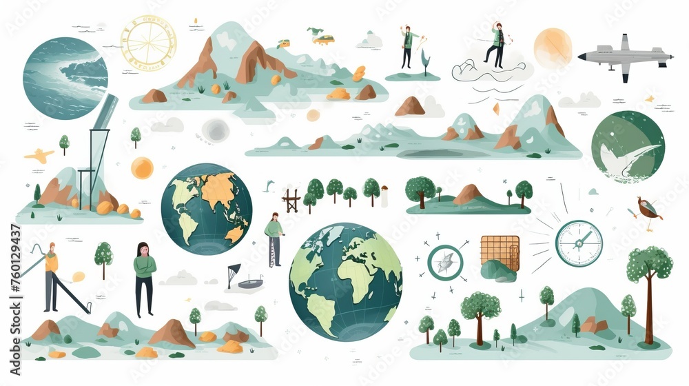 Naklejka premium An array of colorful illustrations depicting various nature scenes, exploration elements, and cartography tools