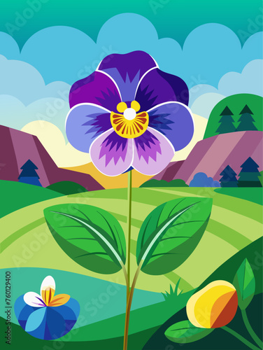 Pansy flowers bloom in abundance against a serene vector landscape backdrop.