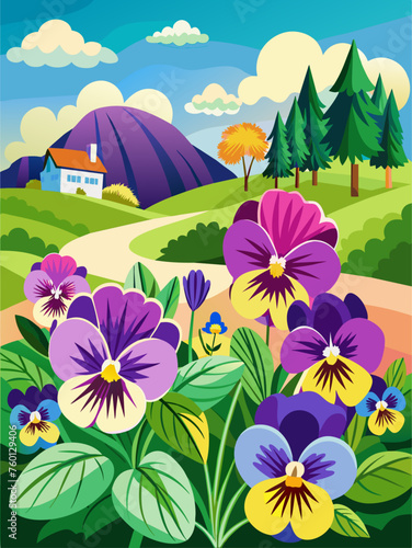 Pansy flowers bloom in abundance against a serene vector landscape backdrop.