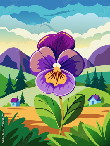 Pansy flowers bloom in abundance against a serene vector landscape backdrop.
