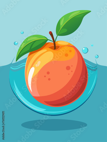 A juicy peach rests serenely in a refreshing pool of water, its velvety skin shimmering in the sunlight.