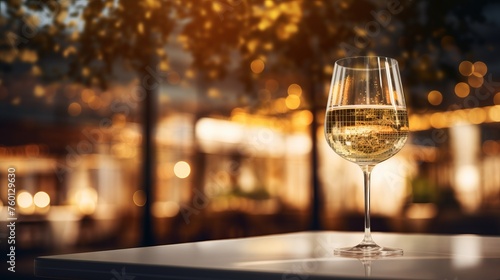 A single glass of white wine rests on a table, the sparkling bokeh lights of a cityscape in the background