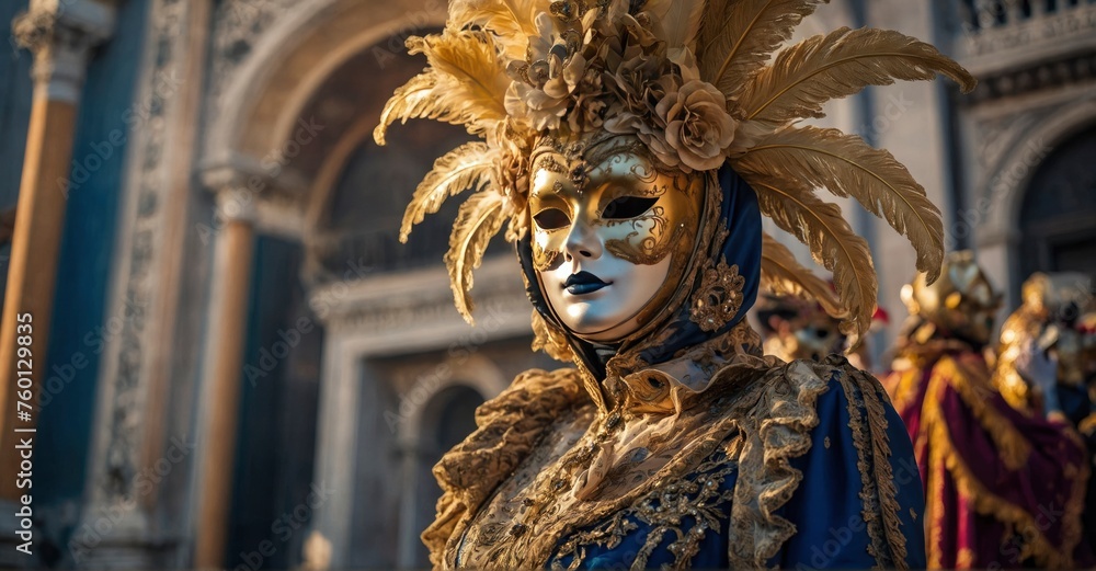 Fototapeta premium Dive into Venice Carnival with a masquerade backdrop featuring golden masks and festive costumes
