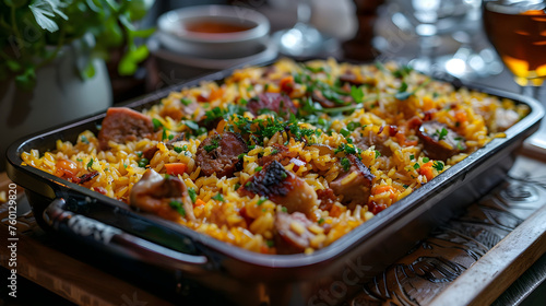 Close-up of a delicious jambalaya with smoked sausage, garnished with parsley