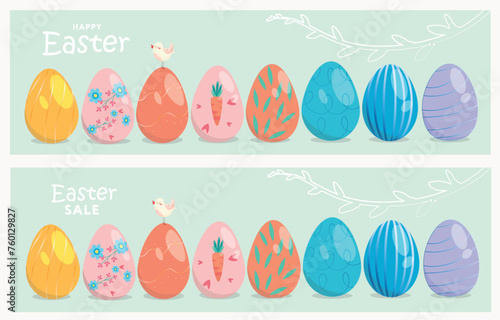 Easter Set of banners. Trendy Easter design with typography, hand painted strokes, eggs and bird in pastel colors. Modern minimal style. Horizontal poster, greeting card, header for website © Anastasiya