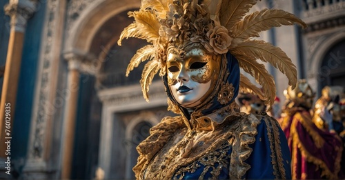 Dive into Venice Carnival with a masquerade backdrop featuring golden masks and festive costumes