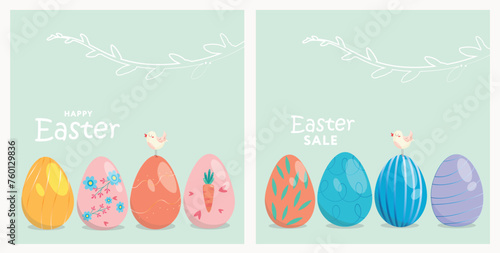 Happy Easter Set of Sale banners, greeting cards, posters, holiday covers. Trendy design with typography, hand painted plants, eggs and bird in pastel colors. Modern art minimalist style. © Anastasiya