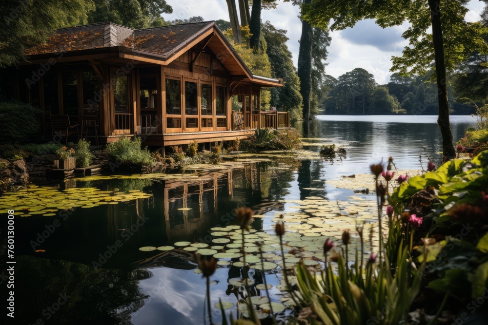 A small house by the lake, surrounded by trees and natural landscape