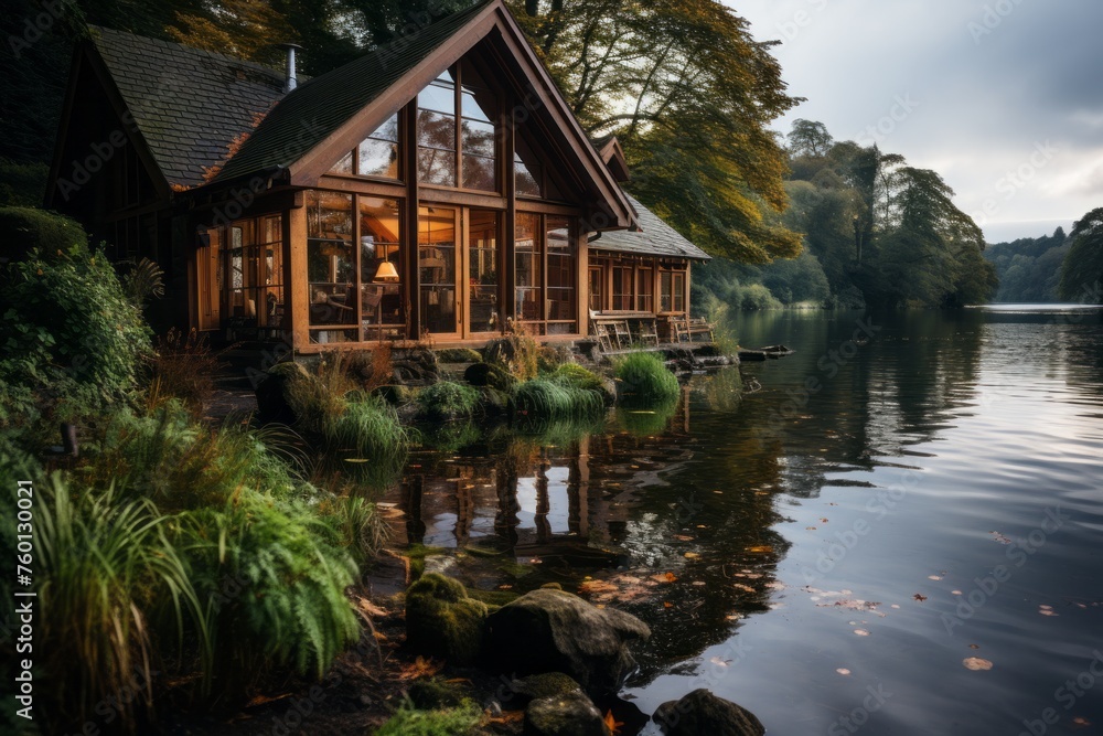 a small wooden house is sitting on the shore of a lake