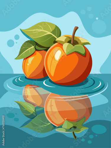 A vibrant persimmon floats in a clear glass of water, casting a warm glow on the background.
