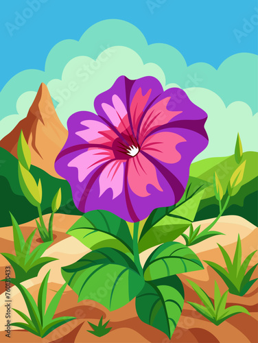 A blooming petunia flower against a landscaped background, with the sky and mountains in the distance.