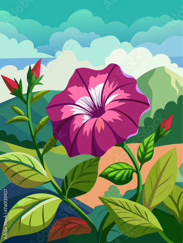 Vibrant petunia flowers bloom amidst a lush green background, creating a picturesque landscape.