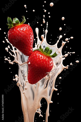 Milk pouring in half of strawberries over , one color background - generative ai