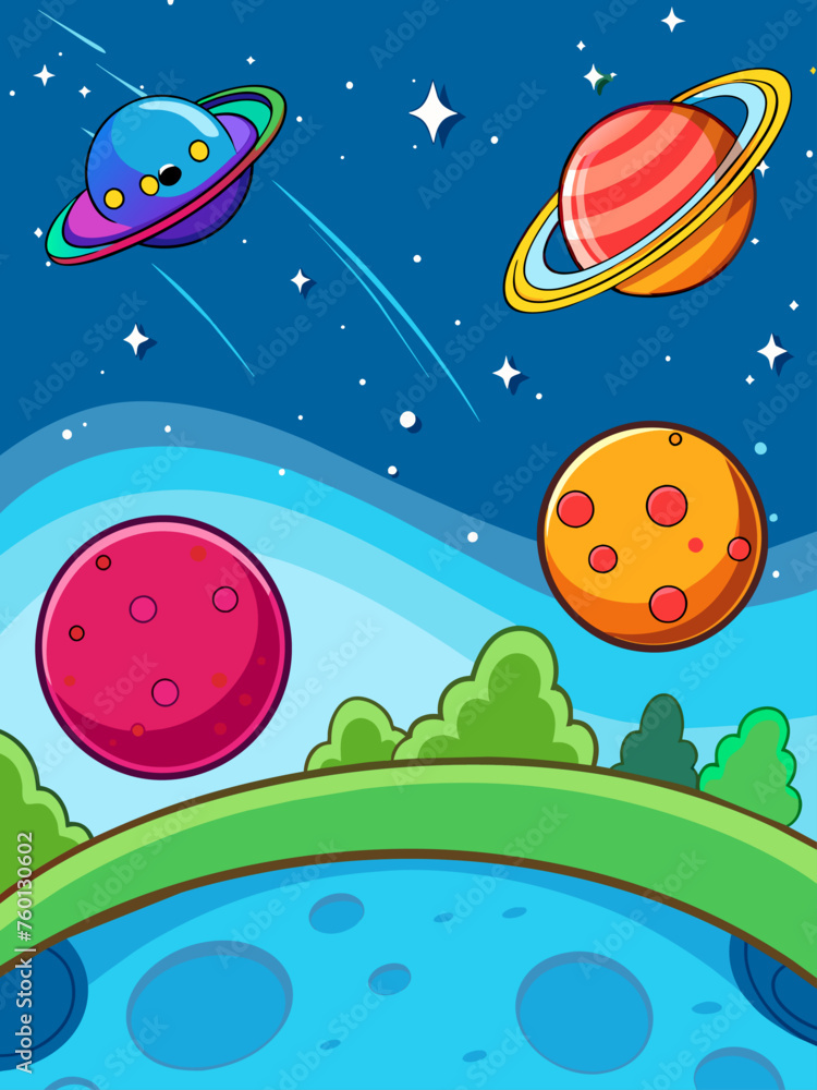 Planets float amidst a vast, star-studded void in this surreal vector landscape. Planets float amidst a vast, star-studded void in this surreal vector landscape.
