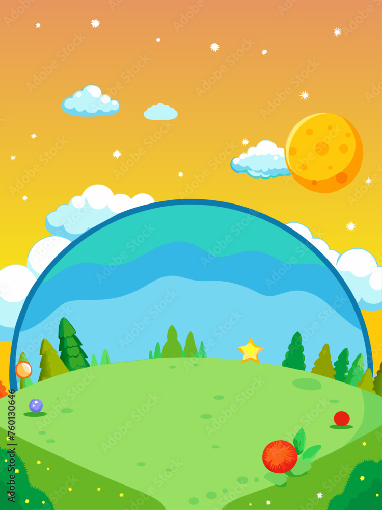 Planet template vector landscape image depicting a blue planet with a green landmass and white clouds.