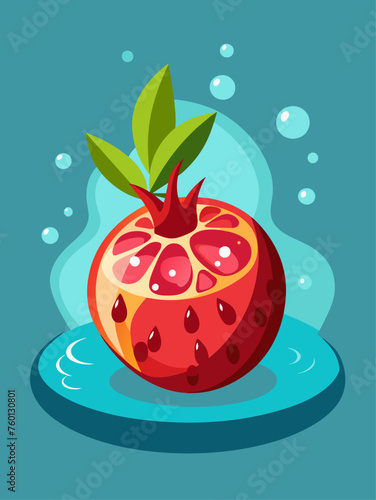 A pomegranate fruit floats in a pool of water  its vibrant red seeds spilling out to create a stunning visual.