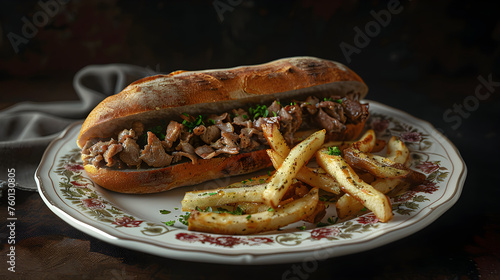Gourmet steak sandwich with seasoned fries