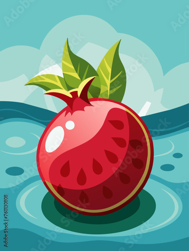 A vibrant pomegranate submerged in crystal-clear water, creating a refreshing and colorful backdrop.