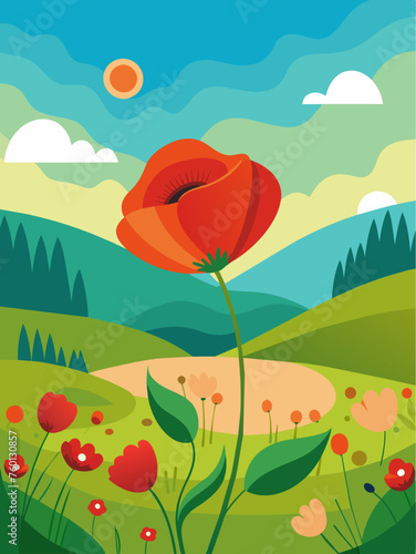 A beautiful vector landscape background with a field of red poppies in full bloom under a dramatic sky.
