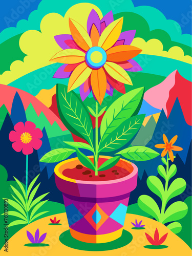Tranquil landscape background featuring a vibrant pot of flowers blooming in the foreground.