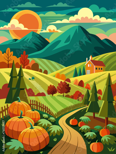 Vibrant autumnal landscape featuring a bountiful display of pumpkins against a picturesque countryside backdrop.
