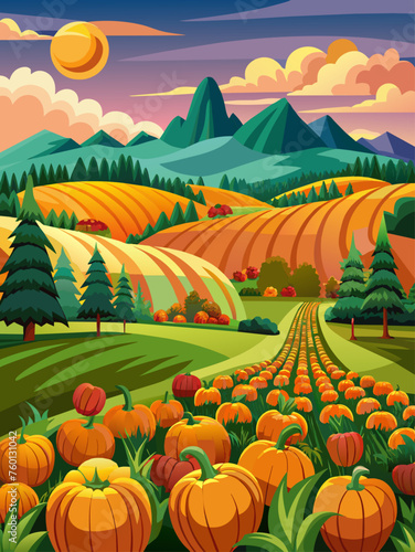 Pumpkins are scattered on the ground in a beautiful field landscape.