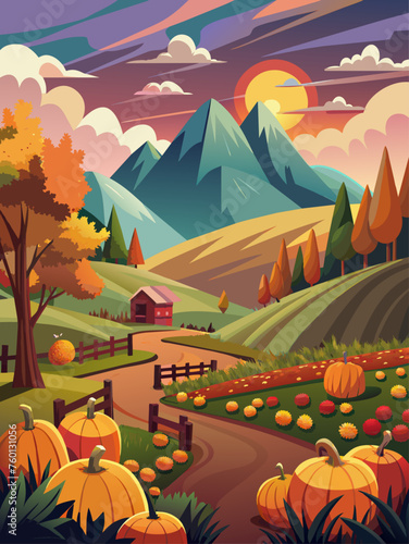 Vibrant autumnal landscape featuring a bountiful display of pumpkins against a picturesque countryside backdrop.